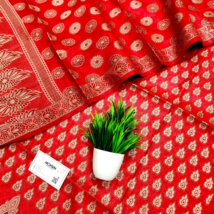 Red Agni Buti Cotton Silk Banarasi Suit