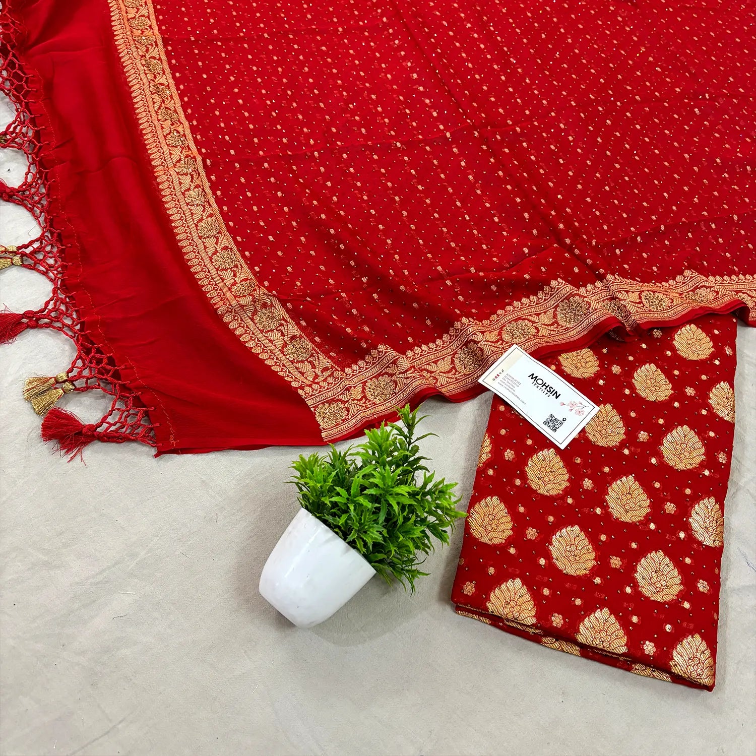 Red Golden Zari Siroski Stone Pure Georgette Silk Banarasi Suit