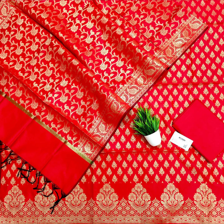 Red Podha Satin Silk Banarasi Suit