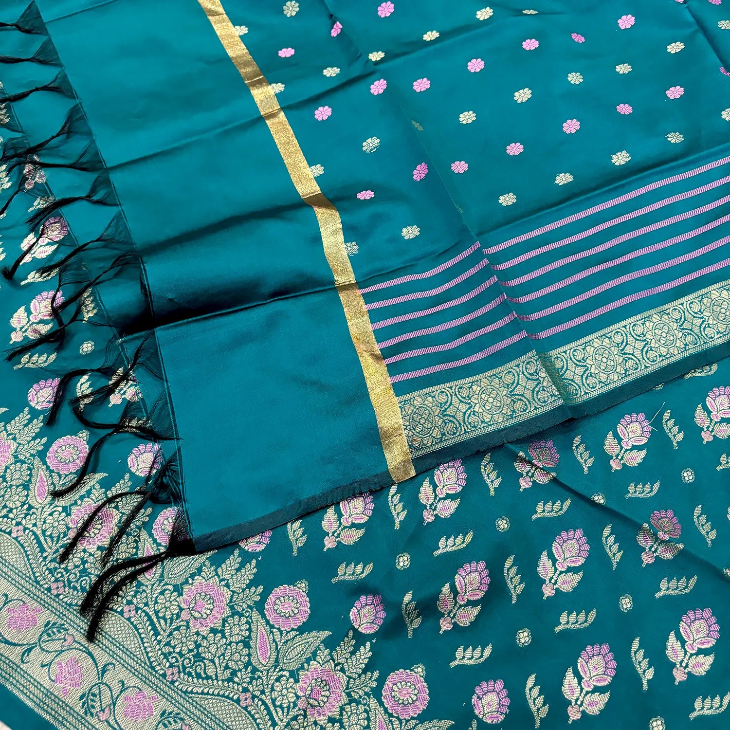 Teal Golden Zari Satin Silk Banarasi Suit