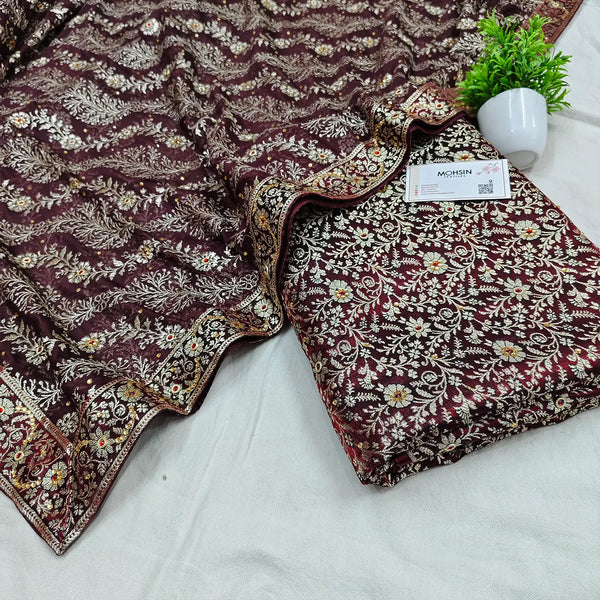 Wine Suhani Jaal Stone Work Kimkhab Silk Banarasi Gharara