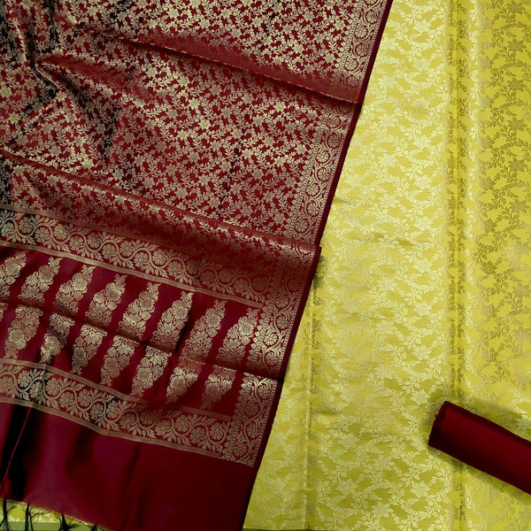 Yellow and Maroon Shaktimaan Jaal Satin Silk Banarasi Suit