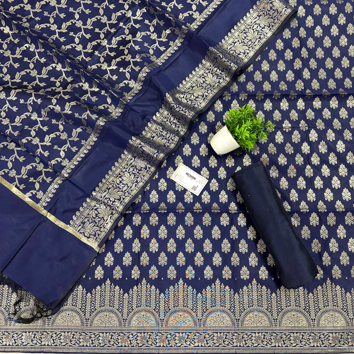 Navy Blue Frozen Tree Satin Silk Banarasi Suit