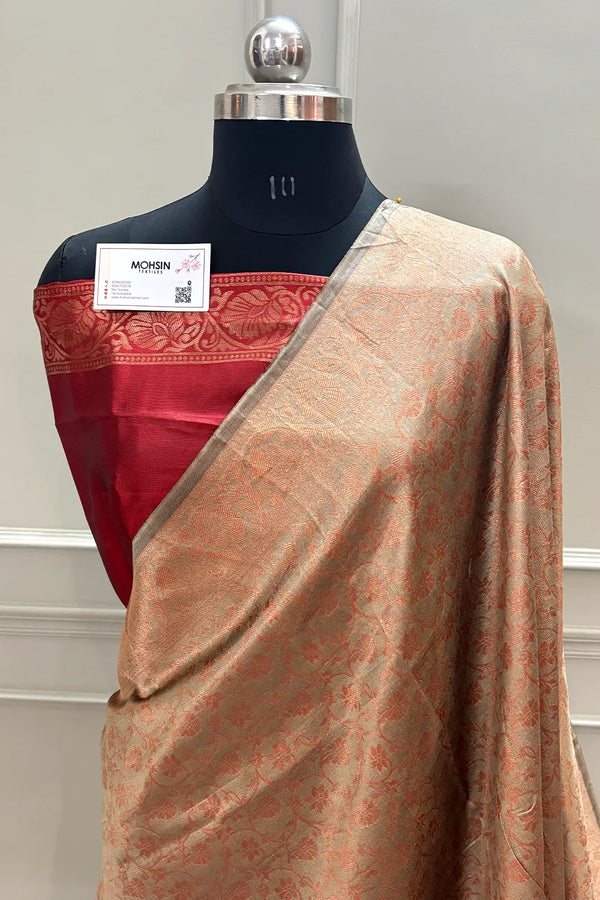 Beige and Maroon Antique Zari Silky Banarasi Saree