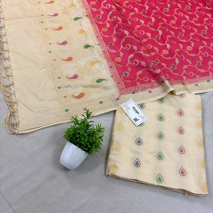 Beige and Pink Golden Zari Katan Silk Banarasi Suit