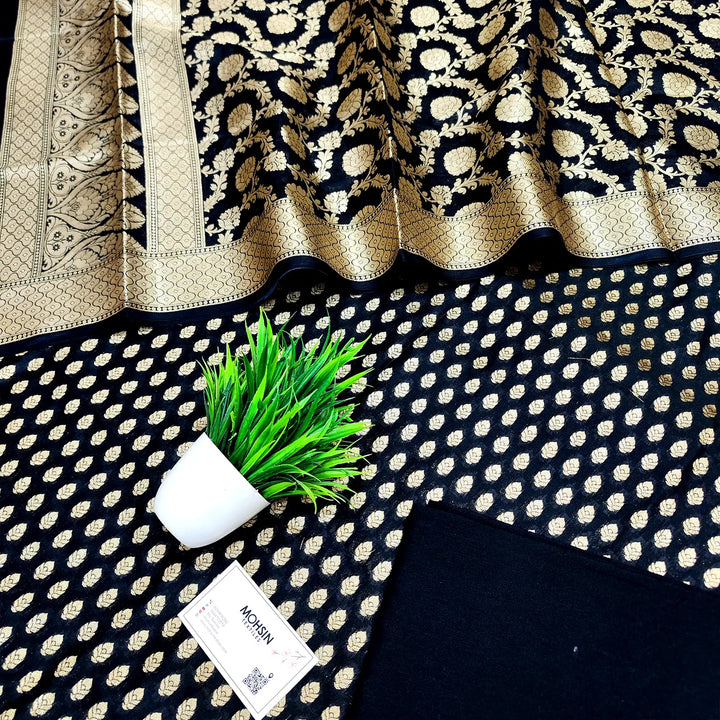 Black Kalli Buti Katan Silk Banarasi Suit