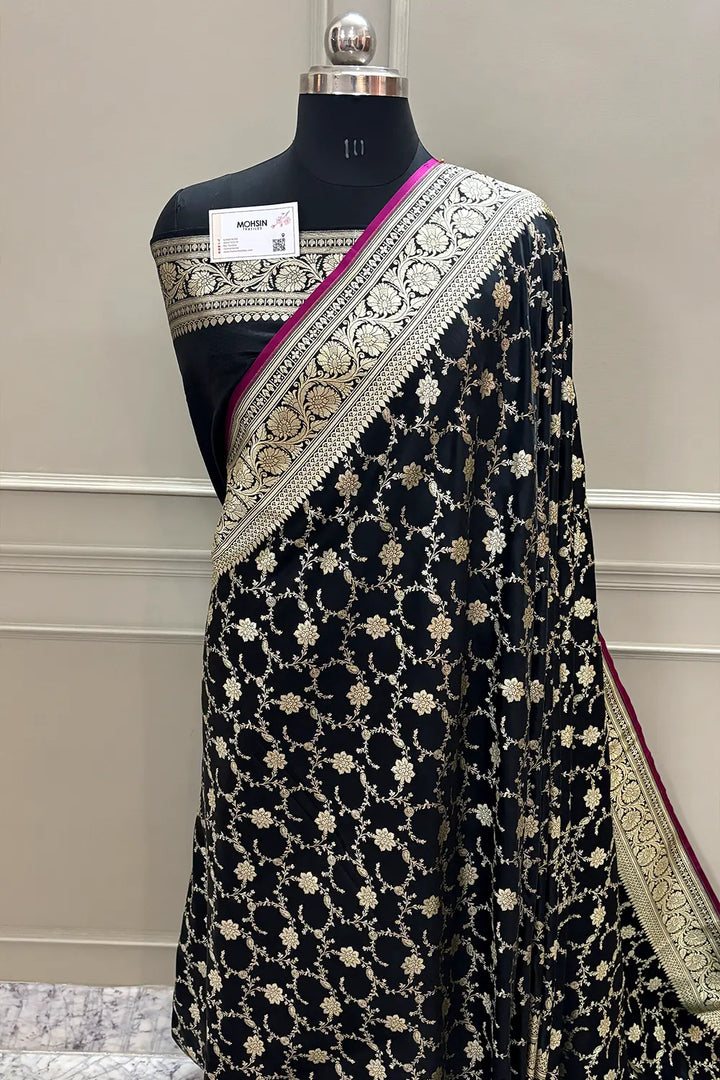 Black Vardhman Jaal Katan Silk Banarasi Saree