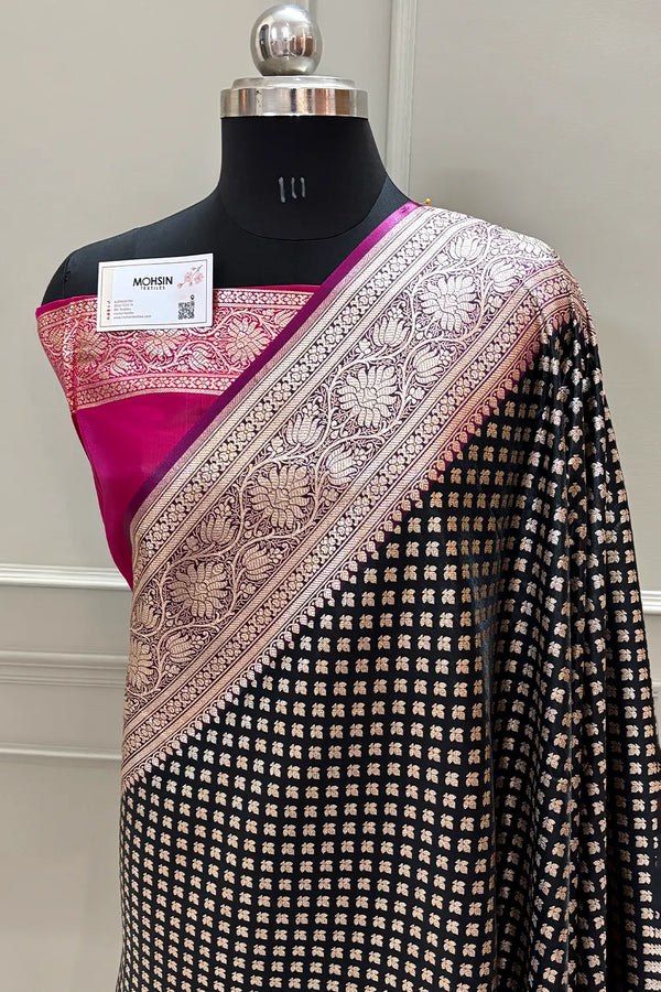 Black and Pink Chidi Buti Katan Silk Banarasi Saree