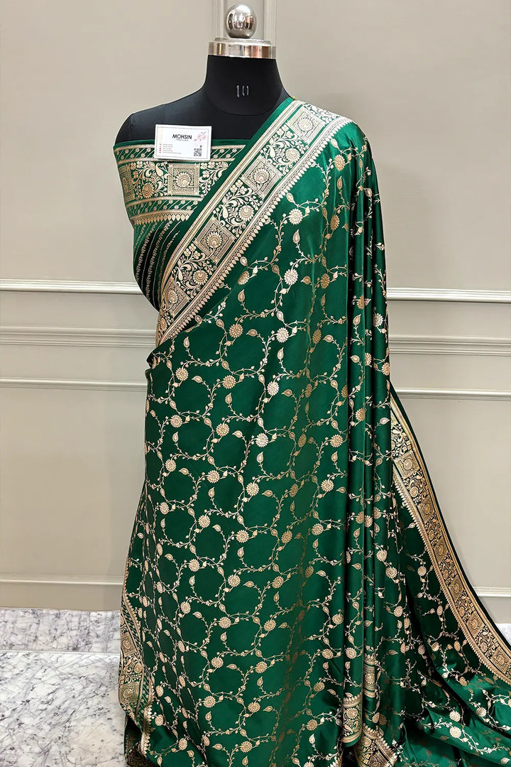 Bottle Green Albeli Jaal Katan Silk Banarasi Saree