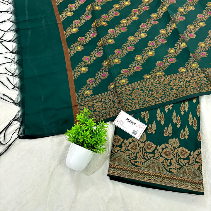 Bottle Green Kadi Patti Satin Silk Banarasi Suit