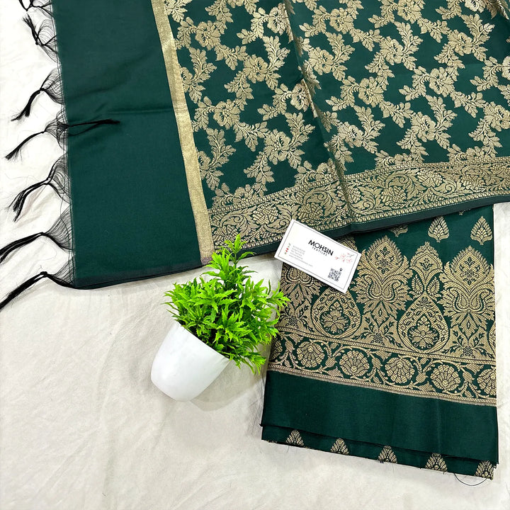 Bottle Green Xmas Tree Satin Silk Banarasi Suit