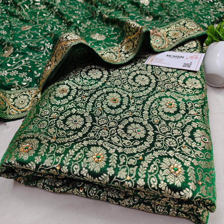 Green Murrah Jaal Stone Work Kimkhab Silk Banarasi Gharara