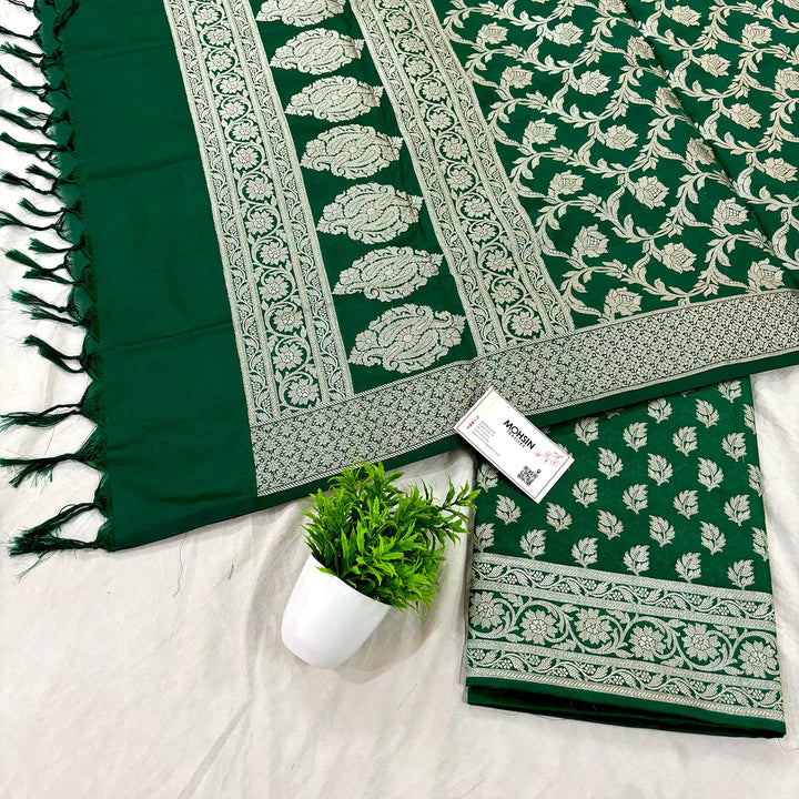 Green Tedhi Patti Katan Silk Banarasi Suit