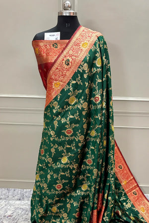 Green and Maroon Golden Zari Silky Banarasi Saree