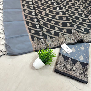 Grey and Black Pankh Buti Satin Silk Banarasi Suit