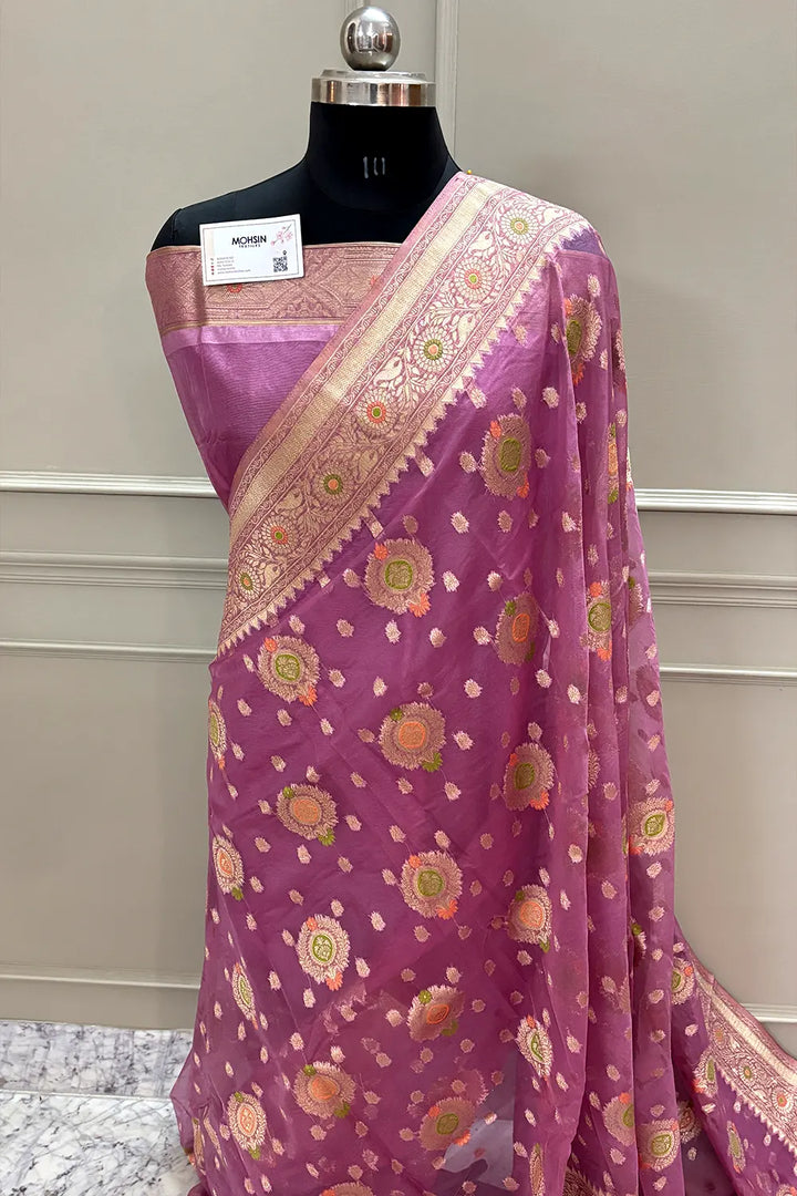 Lavender Golden Zari Organza Silk Banarasi Saree