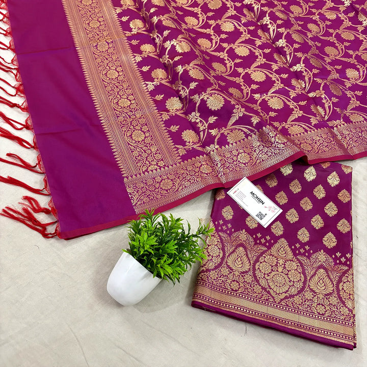 Magenta Singhasan Buti Satin Silk Banarasi Suit