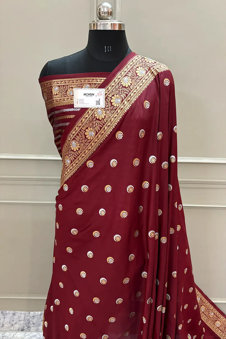 Maroon Chand Tara Katan Silk Banarasi Saree