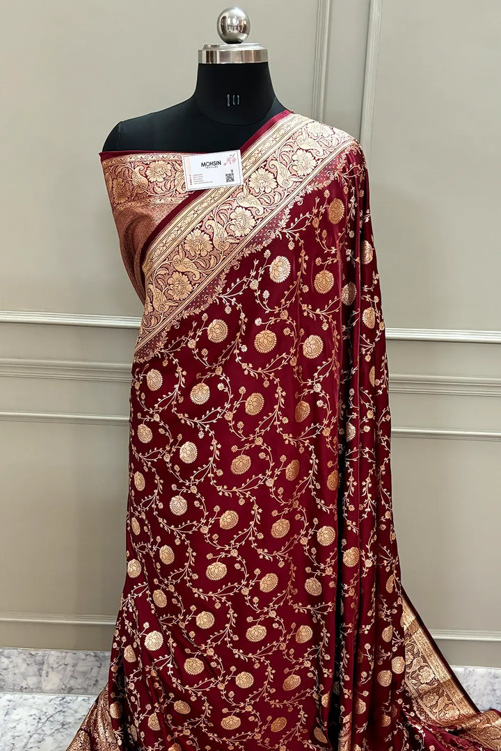 Maroon Churmuri Jaal Katan Silk Banarasi Saree