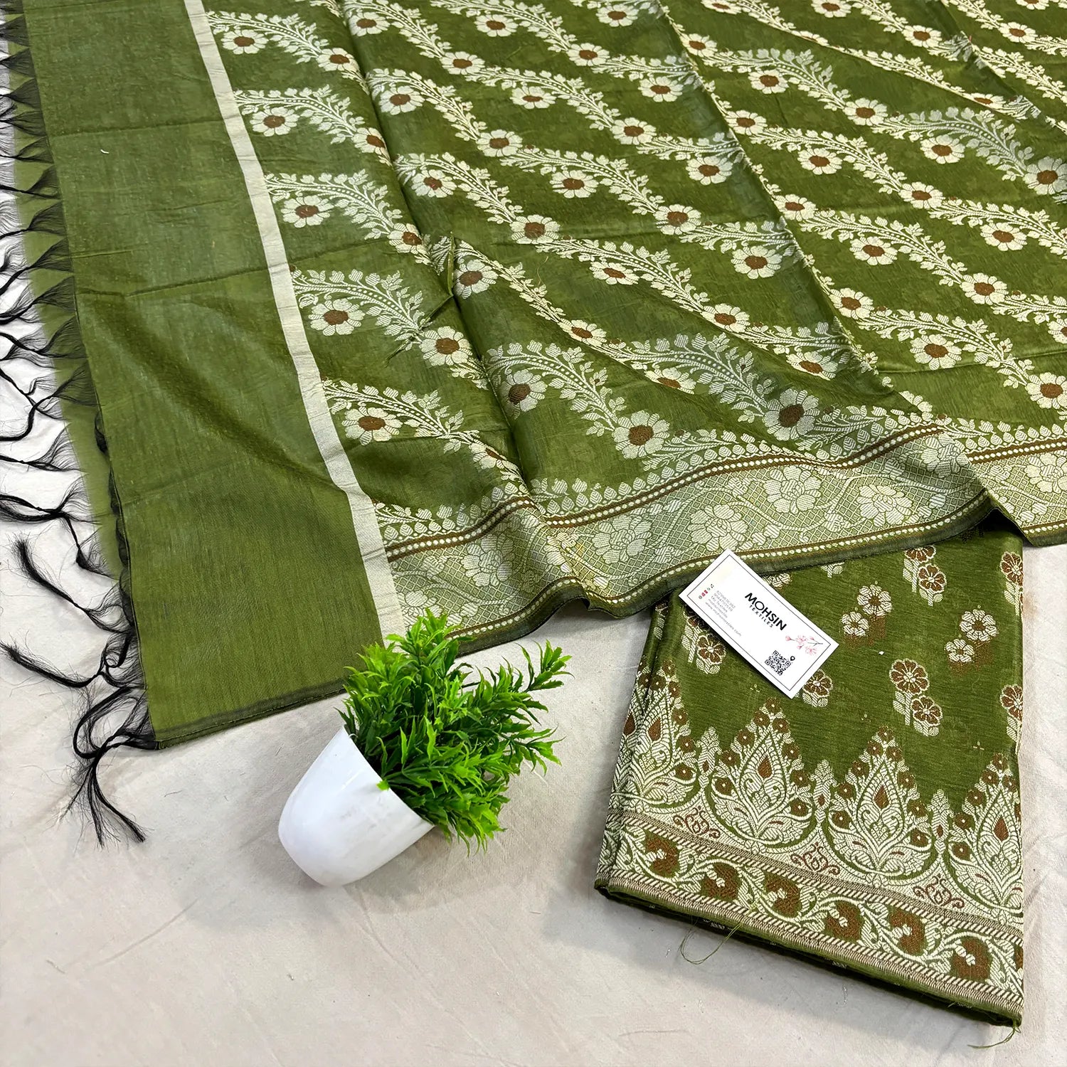 Mehendi Fan Flower Banarasi Silk Suit