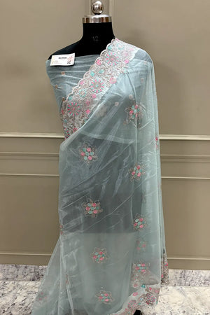 Mint Green Embroidery Siroski Brasso Net Saree