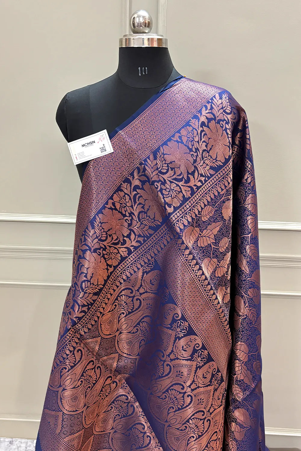 Navy Blue Antique Zari Satin Silk Banarasi Saree