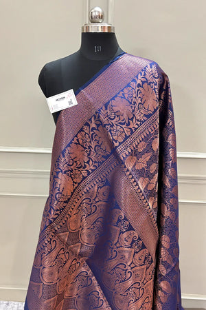 Navy Blue Antique Zari Satin Silk Banarasi Saree