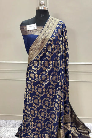 Navy Blue Golden Zari Georgette Silk Banarasi Saree