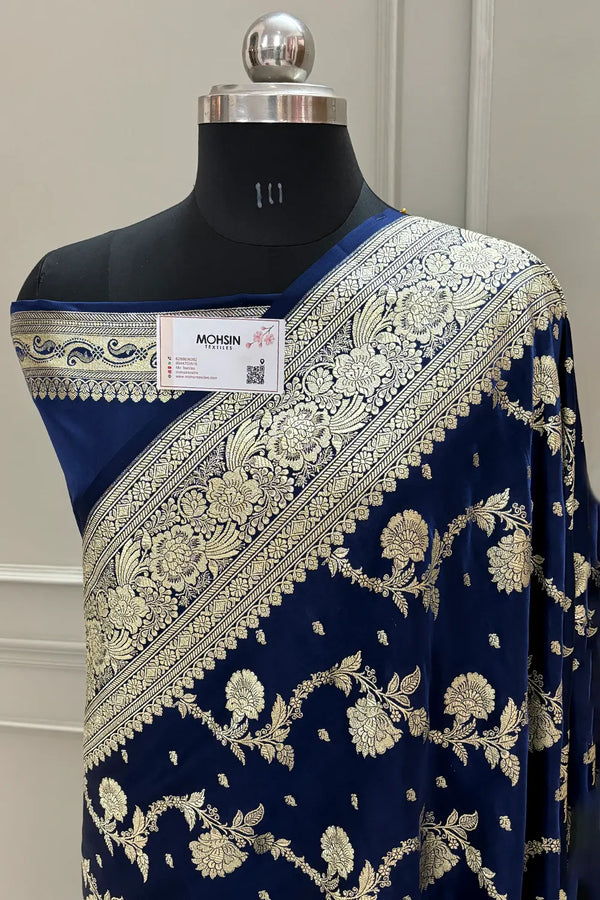 Navy Blue Tirchi Daal Katan Silk Banarasi Saree