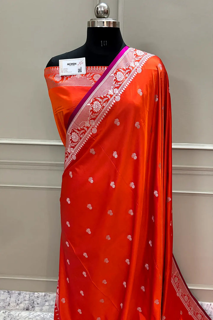 Orange Babri Buti Katan Silk Banarasi Saree