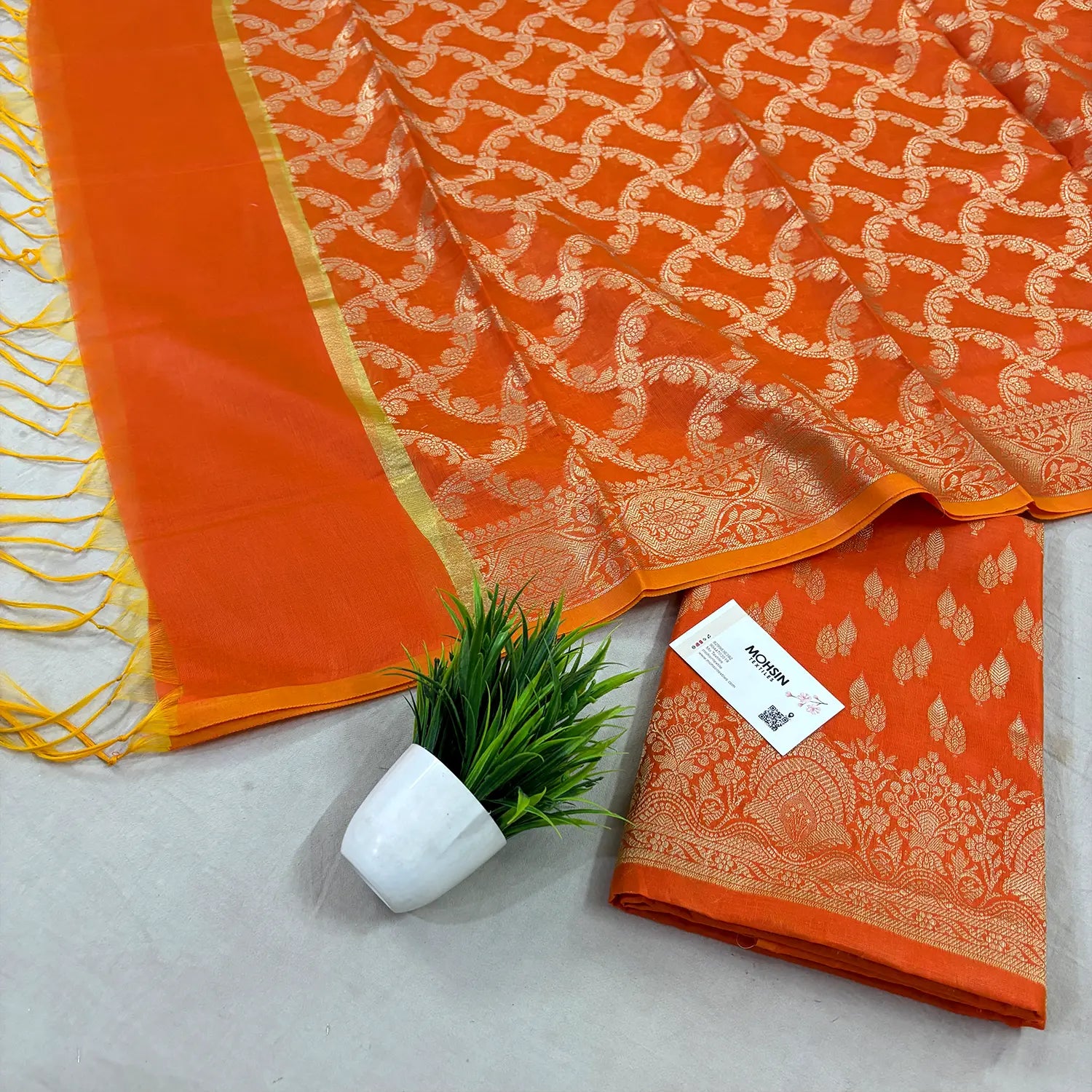 Orange Golden Zari Resham Silk Banarasi Suit