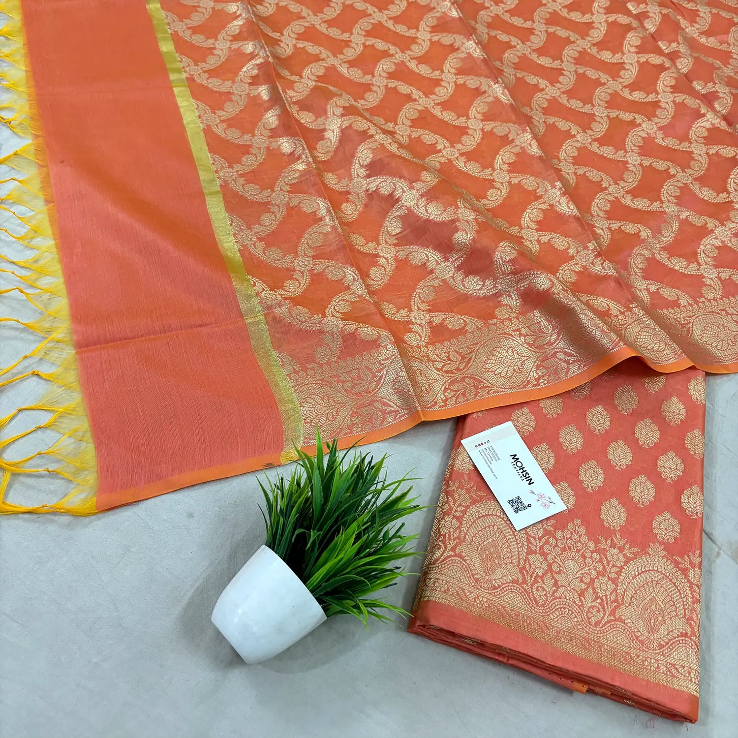Peach Golden Zari Resham Silk Banarasi Suit