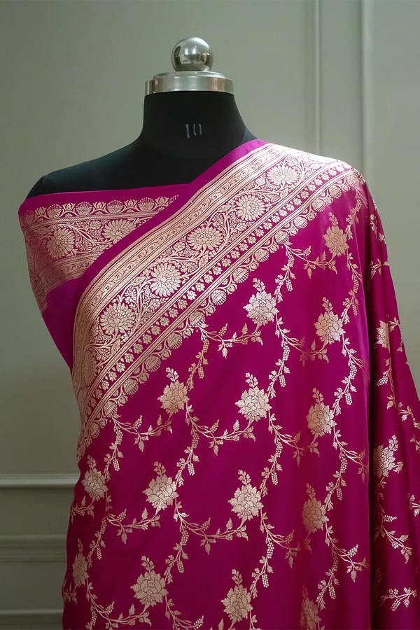 Pink Akbari Jaal Katan Silk Banarasi Saree