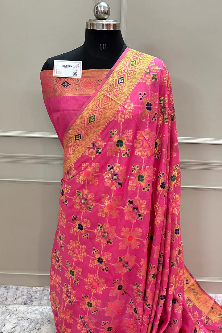 Pink Golden Zari Dola Silk Banarasi Saree