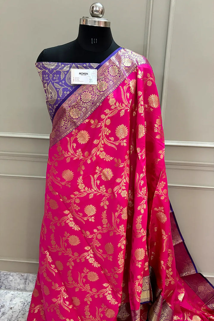 Pink and Royal Blue Morpankhi Jaal Satin Silk Banarasi Saree