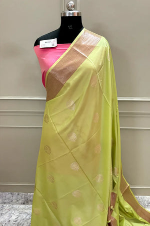 Pista and Pink Golden Zari Banarasi Silk Saree