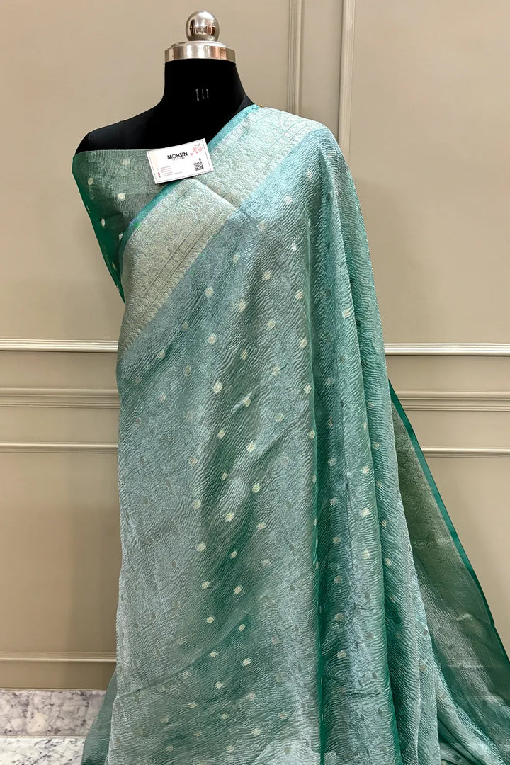 Sea Green Dollar Buti Crush Tissue Silk Banarasi Saree