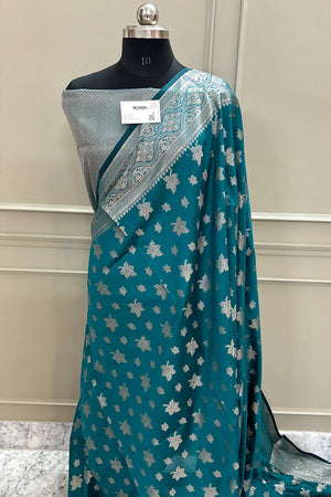 Teal Autumn Buti Chanderi Silk Banarasi Saree