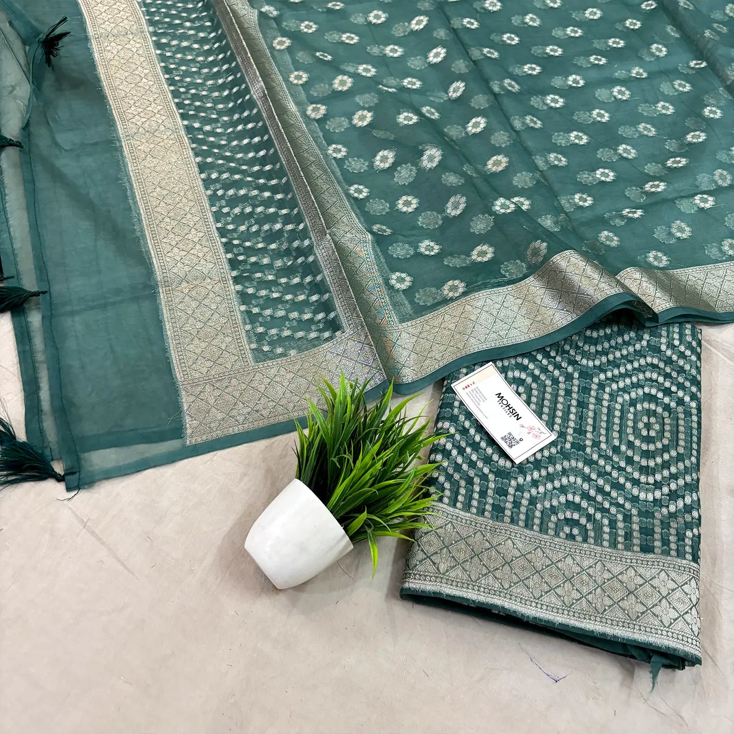 Teal Chalava Organza Silk Banarasi Suit