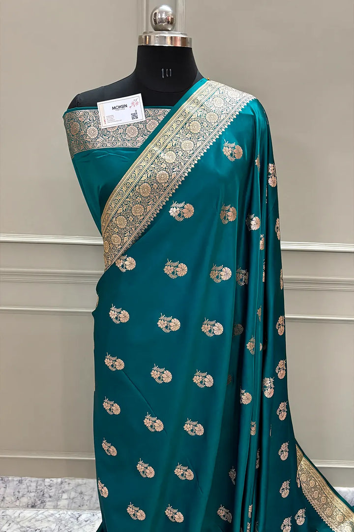 Teal Golden Flower Katan Silk Banarasi Saree