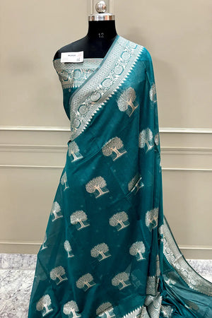 Teal Resham Zari Cotton Silk Banarasi Saree