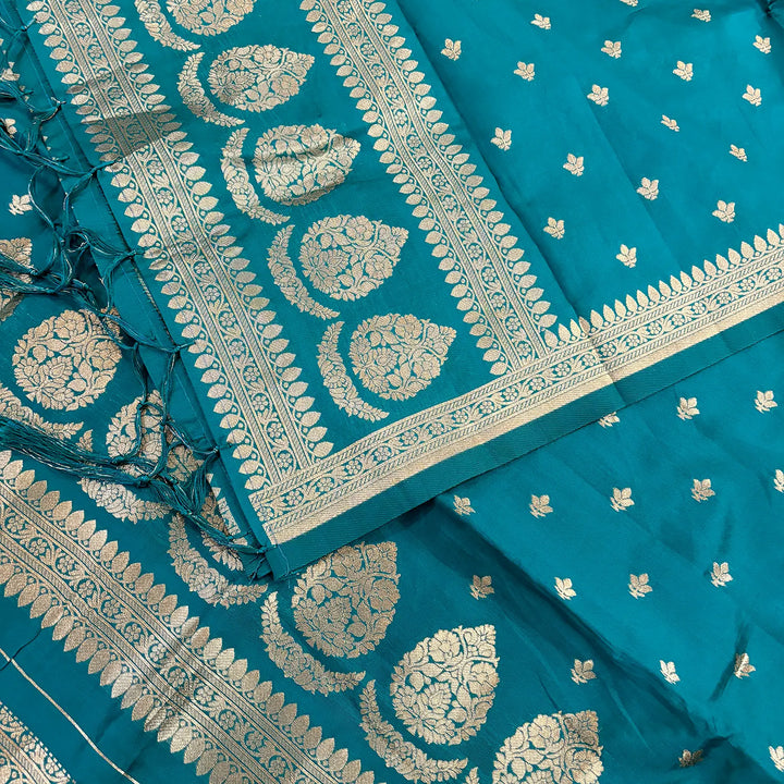 Teal Rim Jhim Satin Silk Banarasi Suit