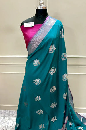 Teal and Pink Golden Zari Banarasi Silk Saree