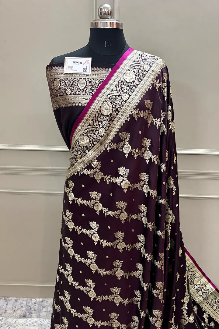 Wine Papakipari Katan Silk Banarasi Saree