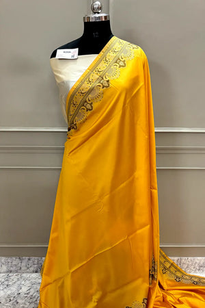 Yellow and Beige Plain Resham Silk Banarasi Saree