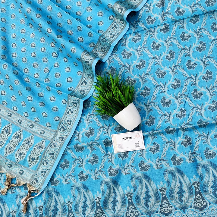 Firozi Surahi Jaal Cotton Silk Banarasi Suit