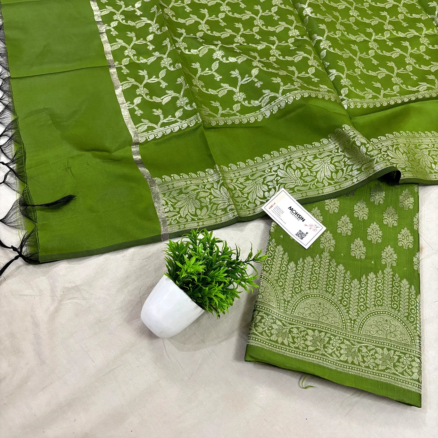 Mehendi Frozen Tree Satin Silk Banarasi Suit