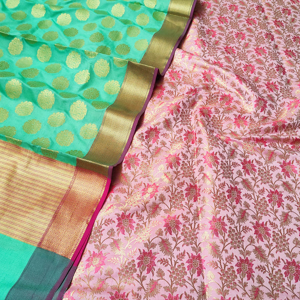 Pink and Sea Green Contrass Katan Silk Banarasi Suit