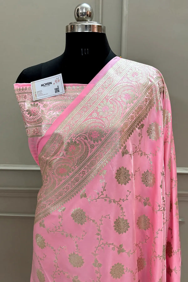 Baby Pink Golden Zari Katan Silk Banarasi Saree