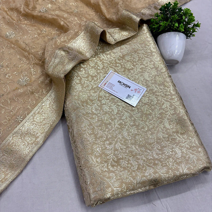 Beige Golden Zari Kimkhab Silk Banarasi Gharara